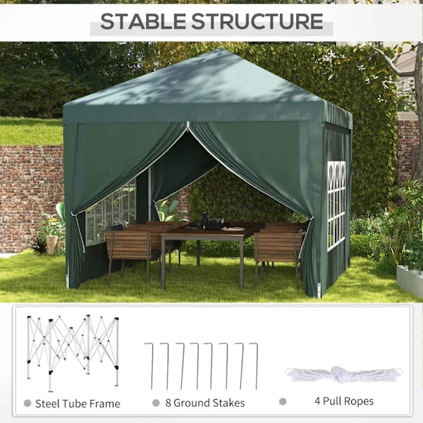 Rootz Camping Gazebo - Bryllupsfest - Baldakintelttelt - Pop Up Gazebo - Bæretaske - Vinduer - Stålramme - Grøn - 2,95 x 2,95 m x 2,58 m