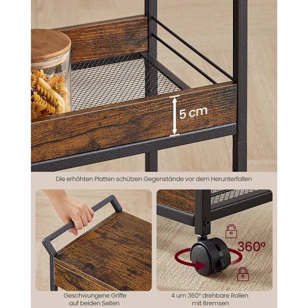 Rootz 3 -Tier Kitchen Cart - Rolling tarjoilukärry - Baarikuva - Vintage -tyyli - 30 cm x 46,2 cm x 70,5 cm