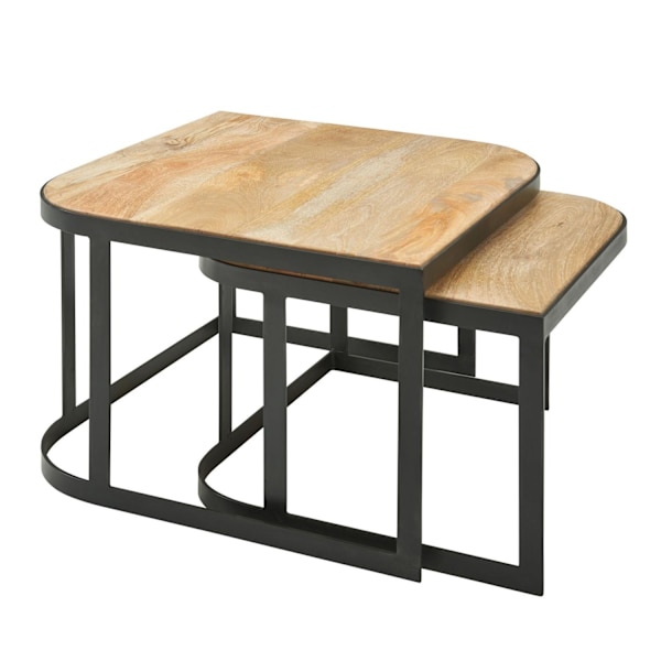 Rootz sofabord sæt med 2 Mango massivt træ - metal stuebordslampe - Industrielt redebord sidebord metalben sorte - 2-delt dækkeserviet redebord lavet