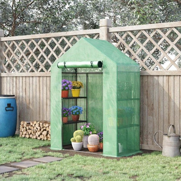 Rootz Folie Växthus - Växthus med 6 hyllor - Walk-in Trädgårdsbod Växthus - Tomathus - Planthus Med Roll-up Entré - Kallram - Grön - 141 x 72 x 191 cm