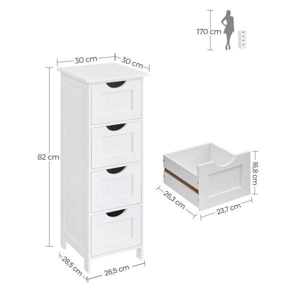 Rootz Sideskab - Kommode - Opbevaringsorganisator - Funktionelt design - Robust udførelse - Pladsbesparende - 30 cm x 82 cm x 30 cm - Hvid - MDF-plade