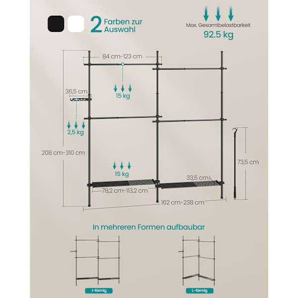 Rootz justerbar tøjstativ - Beklædningsstativ - Matsort - Stål og plastik - 33,5 cm x (162-238) cm x (208-310) cm - 9,7 kg - 92,5 kg Kapacitet