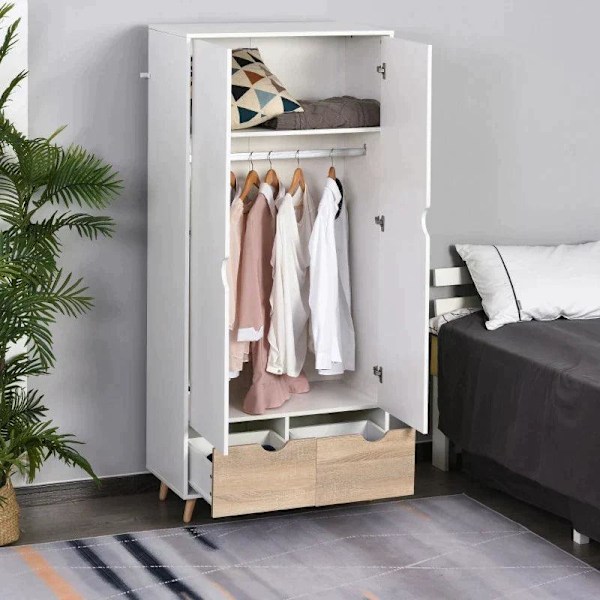 Rootz Garderobe - Garderobeskab Med Stangskuffe - Stue - Soveværelse - Hvid/Natur - 80 x 40 x 180 cm