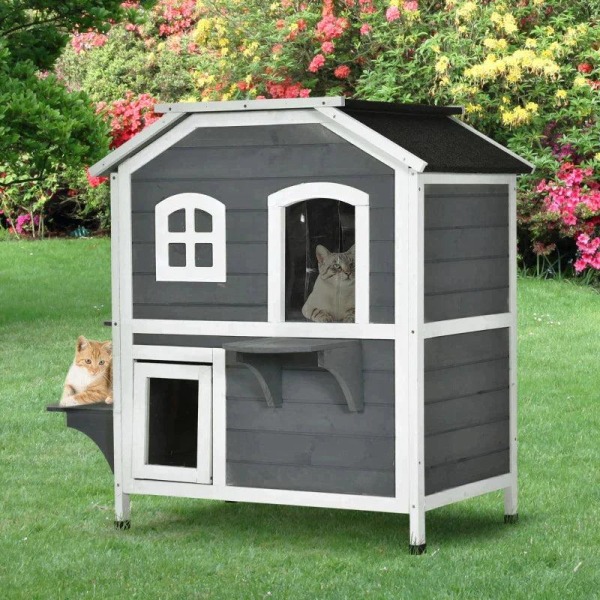 Rootz Cat House - Cat Hut - 2-story Cat Mansion - Waterproof Cat House - Asphalt Roof - Fir Wood - Grey - 78 x 55.5 x 91 cm