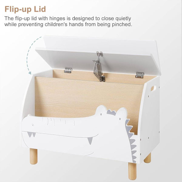 Rootz White Crocodile Toy Box - Förvaringsbänk - Organisering för barn - Säker med långsamt stängande lock - Slitstark MDF-konstruktion - Mångsidig me