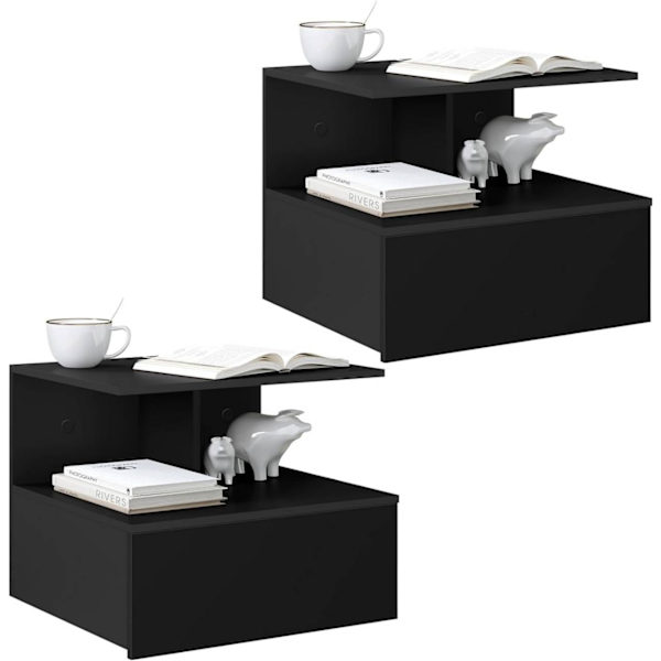 Rootz Väggmonterat Sängbord - Flytande Nattduksbord - Utrymmesbesparande sidobord - E1 Trämaterial - Vit & Svart - 40cm x 31cm x 35cm
