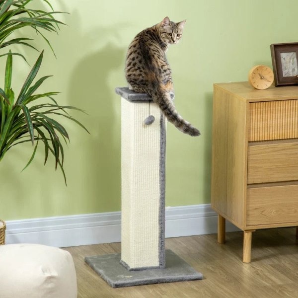 Rootz Cat Scratching Post with Toy Ball - Cat Scratcher - Plysch - Sisal - Hängande boll - Kräm + Grå - 41cm x 41cm x 81cm