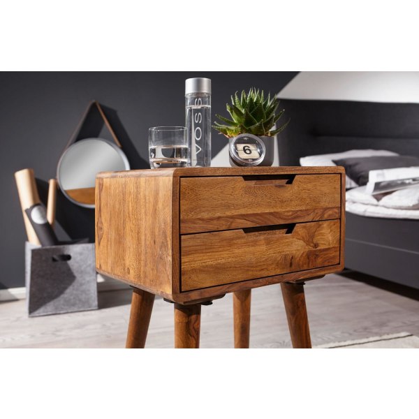 Rootz 47 x 66 x 36 cm Sheesham Bedside Boxspringseng - Natbord 2 skuffer i landlig stil - Natbord seng massiv træseng - Natbord Moderne natboks Brun