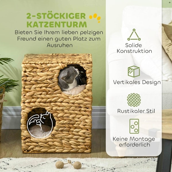 Rootz Cat Tower - Kradsestolpe - Tre-etagers kattelejlighed - Vaskbare puder - Naturlig vandhyacint - 40 cm x 31 cm x 55 cm