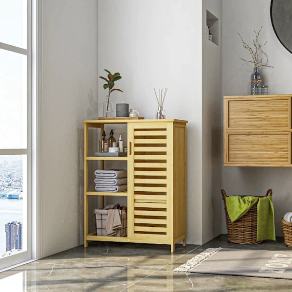 Rootz badeværelsesskab - 3 hylder - Luftcirkulation - 1 skab - Anti-tip design - Lameldøre - Bambus - Naturligt træ - 66L x 33W x 87H cm