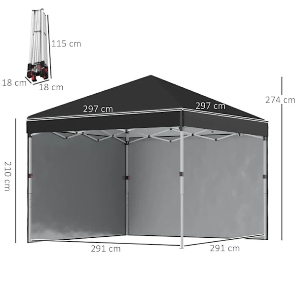Rootz Folding Gazebo - 2 Sidevægge - Sandsæk - Højdejusterbar - Transporttaske - Rustfrit stålramme - Stål - Oxford - Sort - 297L x 297W x 274H cm