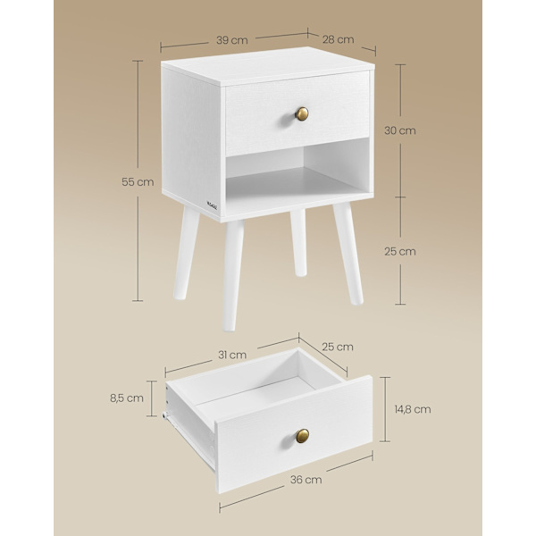 Rootz Sengebord - Natbord - Natskab af træ - Spånplade - MDF - Massivt træ - 28cm x 39cm x 55cm - Snehvide