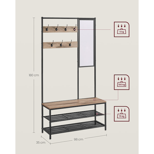 Rootz garderobeopbevaringssystem - Knagerække - Organisering af tøj - Spånplade og stål - 35 cm x 98 cm x 180 cm - Camel Brown Ink Black