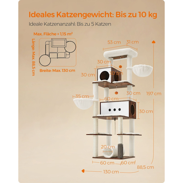 Rootz-raapimistolppa - Kissapuu - Vintageruskea - Lastulevy - Pehmo - Sisal - 60 cm x 60 cm x 197 cm - Tukeva rakenne - Useita alustaa - Helppo koota