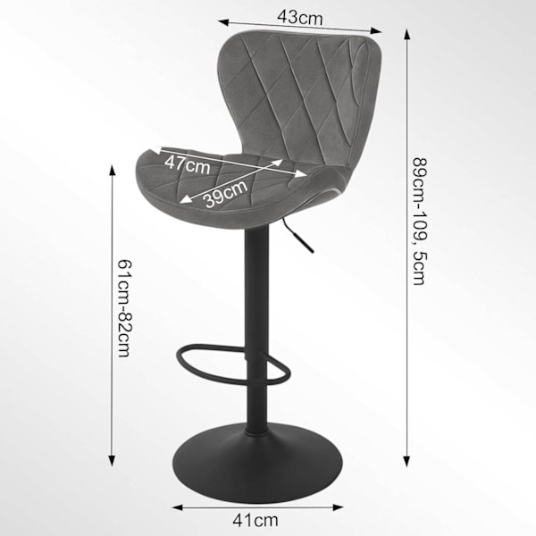Rootz drejelig barstol - Skrankestol - Justerbar højde - Fløjlssæde - Metalkonstruktion - 47cm x 89-109,5cm x 54cm