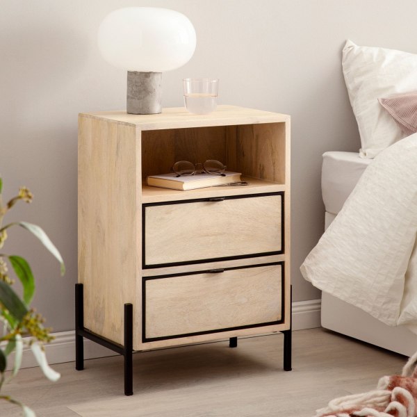 Rootz Modern Sengebord - Natbord - Endebord - Metal og træ - 43 cm x 60 cm x 30 cm - Håndlavet - Unikt design - Skuffe og rum - Lysebrun og sort - 5 k
