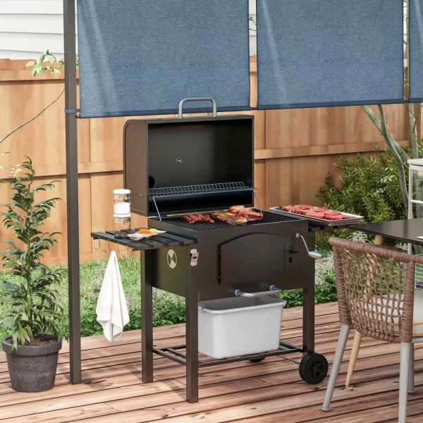 Rootz kolgrill - BBQ Smoker - Justerbart kolfack - Sidohyllor - Värmeställ - Emaljerat gjutjärn - Svart - 124L x 66W x 112H cm