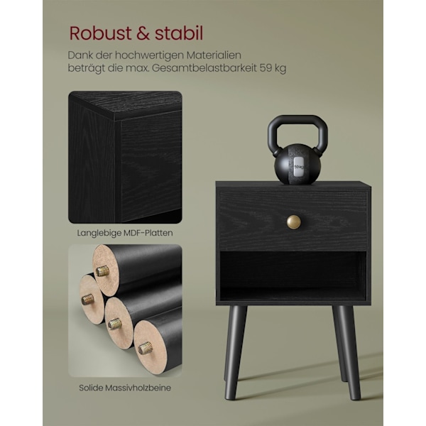 Rootz Ebony Black Sengebord - Natbord - Opbevaringsskab - Spånplade, MDF, massivt træ - 28 cm x 39 cm x 55 cm - 5,4 kg - Nem montering