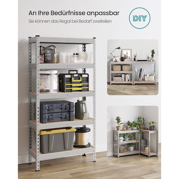 Rootz 2 Set Heavy Dut -hylly - tukeva säilytysyksikkö - teollisuushyllyt - Max -kuorma 875 kg - hopeateräs ja mdf - 30 cm x 75 cm x 150 cm