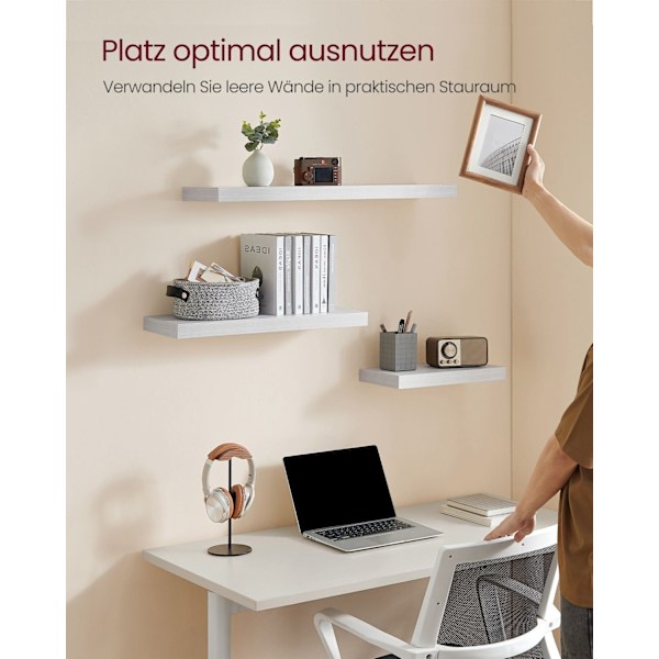 Rootz væghyldesæt - Flydende hylde - Dekorativ hylde - MDF-stål - Nem installation - Pladsbesparende - Organisering - 20 cm x 80 cm x 3,8 cm