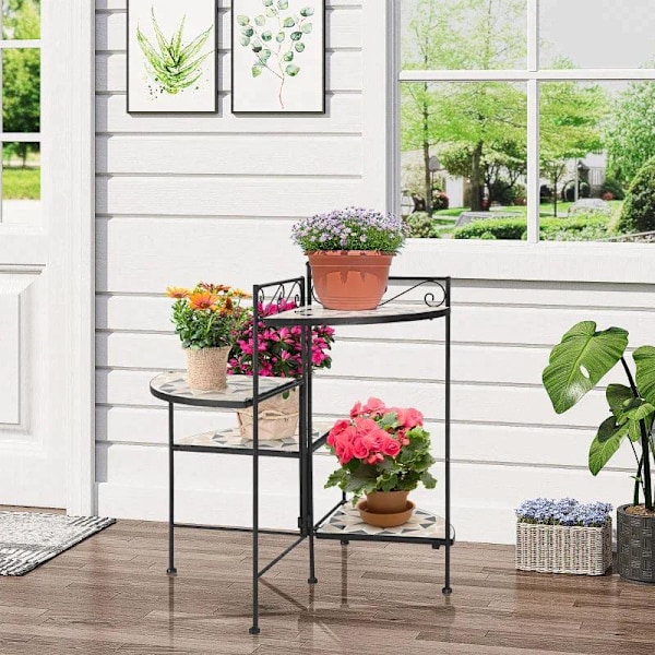 Rootz Blomsterställ - Växthylla - Växthylla - Blomstrappa i 4 våningar - Fällbar - Trädgårdsbalkong - Metallkeramiska plattor - Svart/Beige - 64 x 64