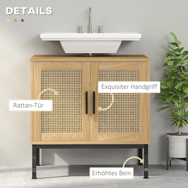 Rootz badeværelse skab - Boho Design - Sink Storage Unit - Rattan Elements - Passer under vask - Brun - 60x39x60 cm