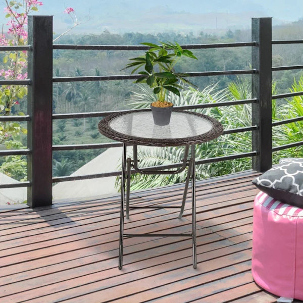 Rootz Havebord - Folderundt - Hærdet glas - Bordplade - Stålstel - Rattan Decor - Brun - 68 x 68 x 73 cm