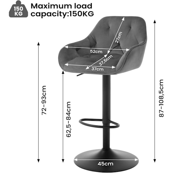 Rootz Velvet Barstol - Bordstol - Roterbar skammel - Højdejusterbar - Stabilt metalstel - Elegant design - Mørkegrå/sort - 37cm x 37,5cm x 84cm