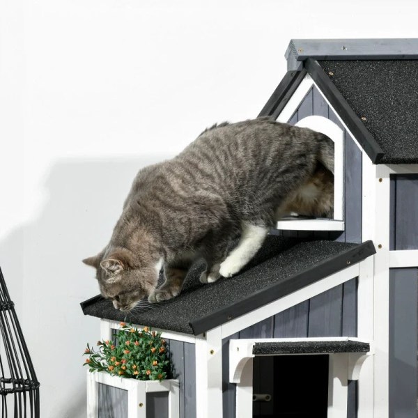 Rootz Outdoor Cat House - Två nivåer - Flera ingångar - Vattentåligt tak - Grå - 96 x 65 x 85,5 cm