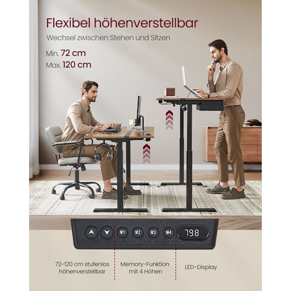 Rootz Elektriskt stående skrivbord - Justerbart skrivbord - Sit Stand-skrivbord - Spånskiva/solid stål - 70cm x 160cm x 72-120cm - Whisper Quiet - 1,5