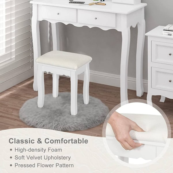 Rootz Elegant White Makeup Pall - Sminkstol - Påklädningsstol - Bekvämt sammetsöverdrag - Mångsidig användning - Hållbar konstruktion - 38cm x 45cm x