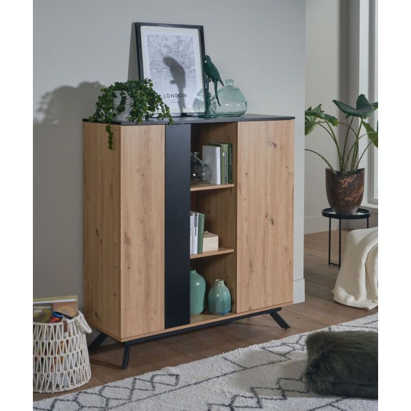 Rootz highboard 110x125x40 cm MDF senkki tammella - musta - lipasto 2 ovella - Lipasto hyllyllä - Eteisen kaappi moderni - Vapaasti seisova senkki met