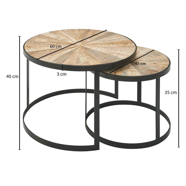 Rootz design soffbordsset med 2 st mango massivt trä häckbord runda - Soffbord med metallben brunt - Bordsunderlägg 2-delat häckbord i trä - metall sv