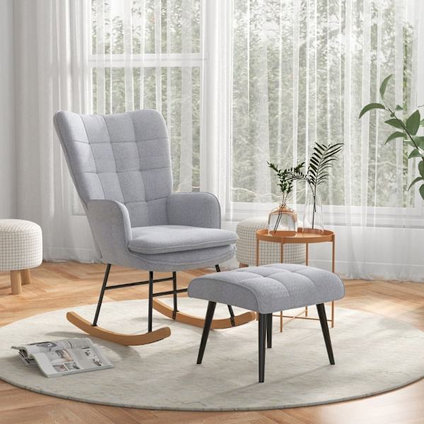 Rootz gyngestol med osmannisk - Scandi Design - Bøgetræ - Komfortabel polstring - Stilfuld - Holdbar - 64 cm x 89 cm x 90 cm - Grå
