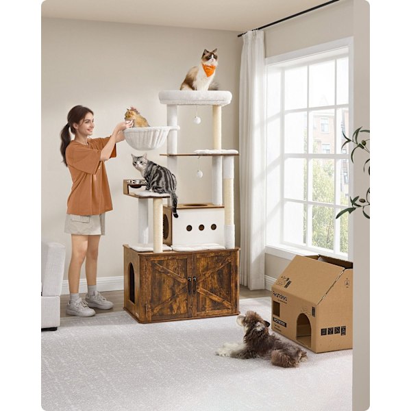 Rootz Scratching Tree med kullskåp - Cat Tower - Pet Playground - Space Saving Design - 80cm x 49 cm x 170 cm, vitt och brunt