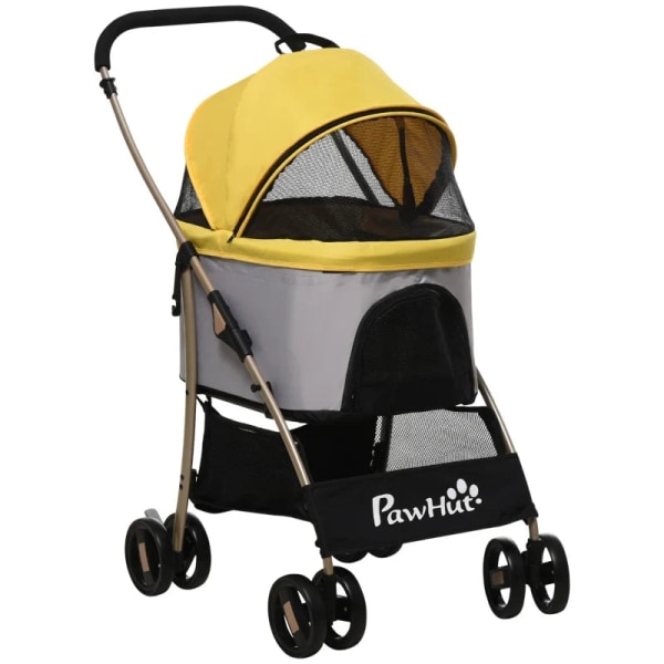 Rootz 2-in-1 Dog Buggy - Taitettava koiravaunu - 1 kori - 1 laukku - Koiran rattaat - Yleispyörän jarru - Katos - Keltainen - 82 cm x 49,5 cm x 98 cm