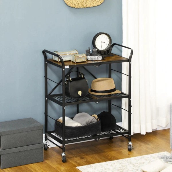 Rootz Industrial Design Køkkenvogn - 3 hylder - Multifunktionsvogn - Serveringsvogn - 4 Hjul - Foldning - MDF - Brun + Sort - 68L x 35W x 85H cm