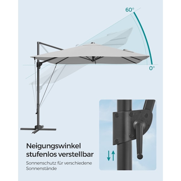 Rootz Crank Betjent Due Grå Parasol - Cantilever Paraply - Stålramme - 270cm x 270cm - 240cm Højde - Tværbase.