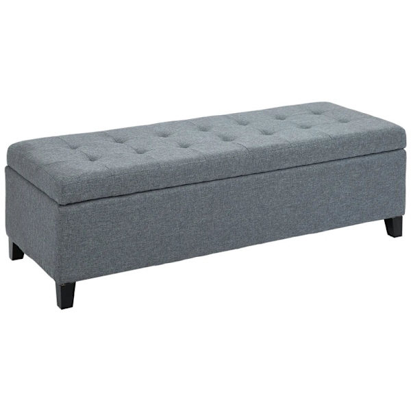 Rootz bænk med opbevaring - osmannisk - gangbænk - knapsyning - imiteret linned - eukalyptustræ - grå - 125,1 cm x 48,9 cm x 41,3 cm
