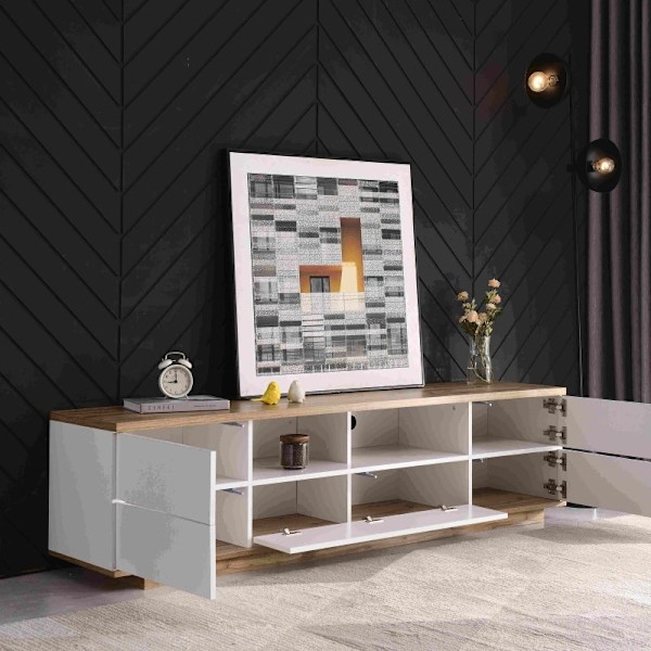 Rootz Modern TV-skab - Højglans finish - Trækorndesign - Holdbar MDF - 180L x 38W x 46H cm