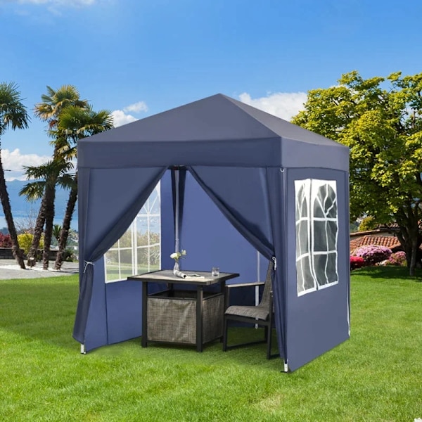 Rootz Folding Gazebo - Snabbmontering - 4 sidoväggar - 2 stora fönster - Stålram - Blå - 2 x 2 x 2,4 m