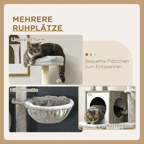 Rootz PawHut Kattekradsestolpe med hule - Kattetræ - Kattetårn i flere niveauer - Sisalreb - 48,5 cm x 48,5 cm x 141,5 cm