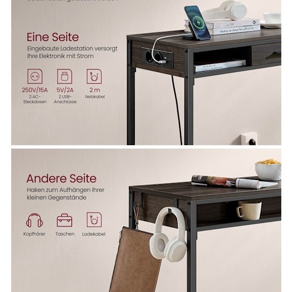 Rootz Barbord med laddstation - Högt bord - Skrivbord - Askbrunt - Spånskiva, stål - 40cm x 99,8cm x 104,6cm