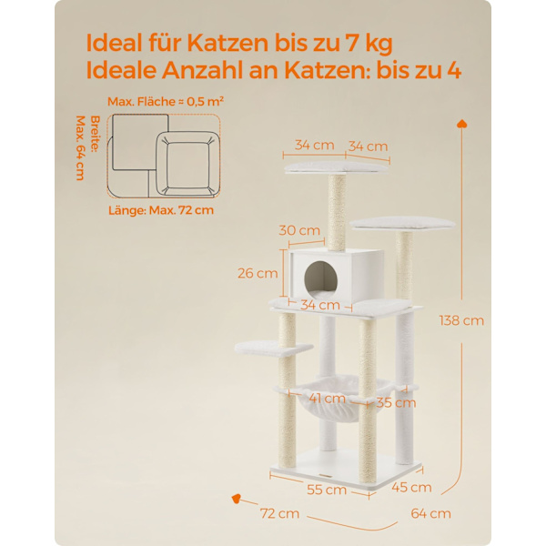 Rootz Cat-kradsestolpe - Kattetræ - Katteklatrestativ - Spånpladekonstruktion - Plysbeklædning - Sisal-reb - 55cm x 45cm x 138cm