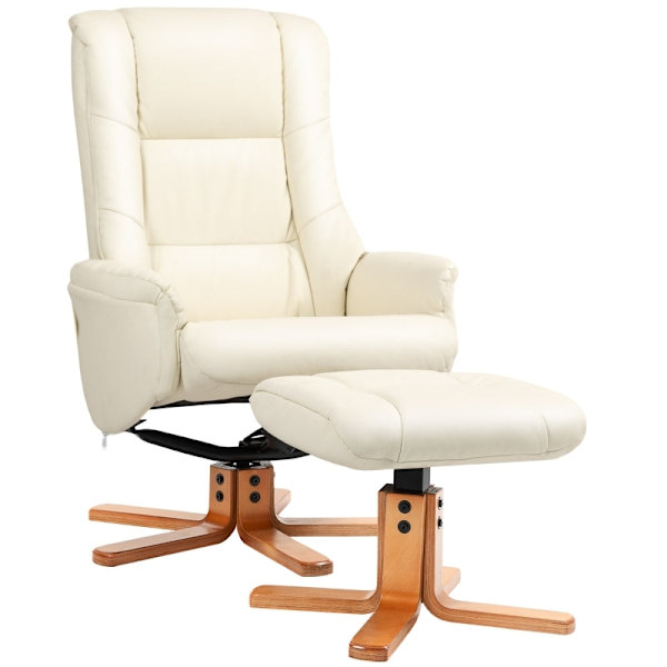 Rootz afslapningsstol med skammel - TV-lænestol - Hvilestol - Vippefunktion - Kunstlæder - Ramme af naturligt træ - Cremehvid - 71 cm x 84 cm x 102 cm