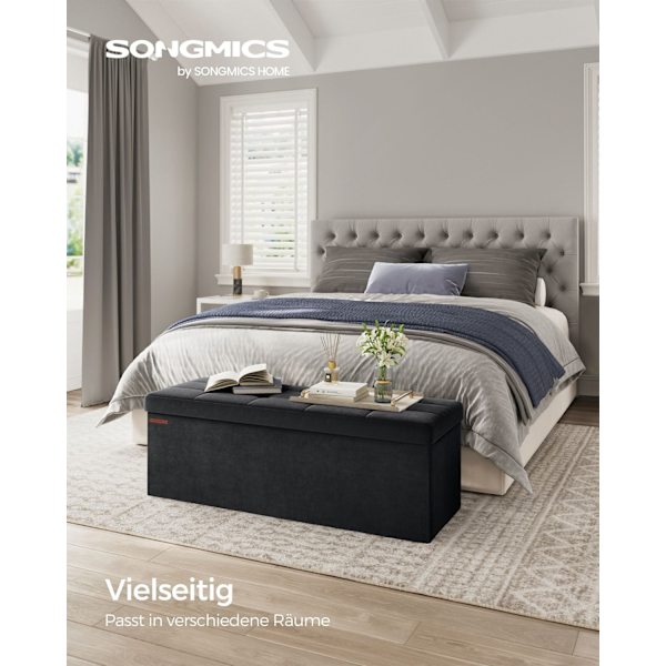 Rootz Velvet sædekiste - Opbevaring Ottoman - Polstret bænk - MDF konstruktion - 38cm x 110cm x 38cm - Blæk sort - 131L Kapacitet