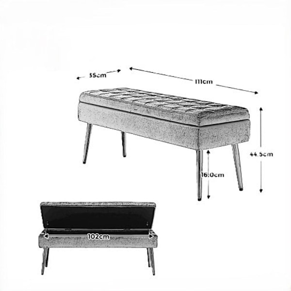 Rootz Modern Opbevaringsbænk - Polstret fløjlssæde - Minimalistisk møbel - Rigelig opbevaringsplads - 111 cm x 35 cm x 44,5 cm