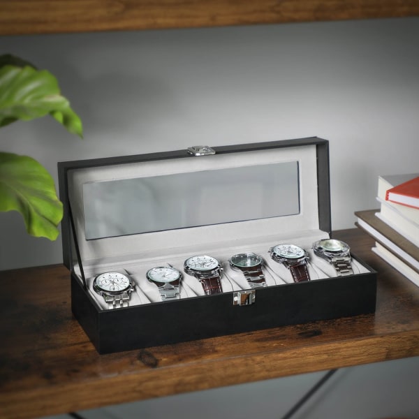 Rootz Watch Box - Klockorganisator - Klockförvaring - Sammetsfoder - Glaslock - Perfekt presentidé - 30 cm x 11,2 cm x 8 cm