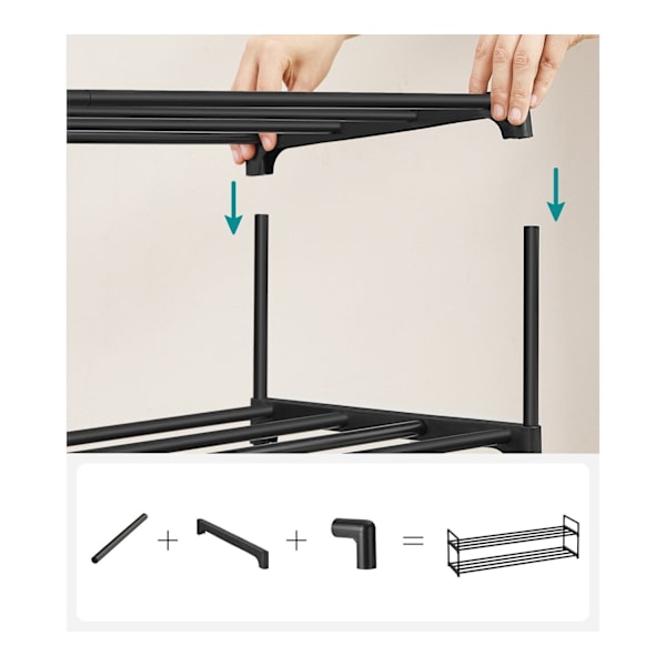 Rootz 3-lags skostativ - Stabelbar skoholder - Metalskohylde - Sort - 30 cm x 116 cm x 55 cm - Letvægts - Nem montering