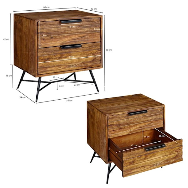 Rootz 60 x 60 x 40 cm Sheesham sidebord - Design natbord boxmadrasser - Sengebord med skuffer - Sideskab med opbevaringsplads - Natbord højt